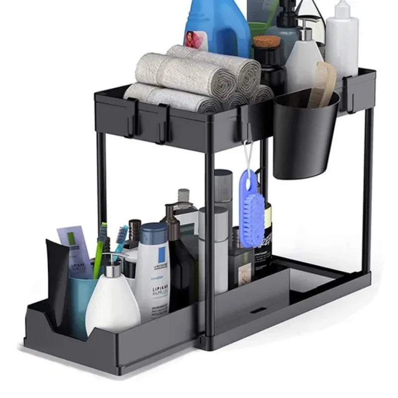 2 Tier Under Sink Organizer Sliding Cabinet Basket Organizer Storage Rack with Hooks Hanging Cup Bathroom Kitchen Organizer