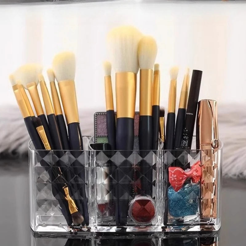 Transparent Acrylic Cosmetic Organizer - 3-Tier Makeup Brush & Lipstick Storage Box with No Lid  for Bathroom & Makeup Desk