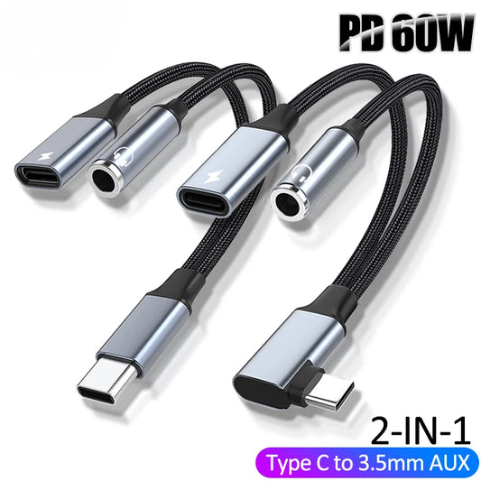 Type-C to 3 5mm PD 60W USB-C AUX Cord Converter with 2 in 1 Headphone Jack Adapter Audio Cable for Xiaomi Huawei Earphone