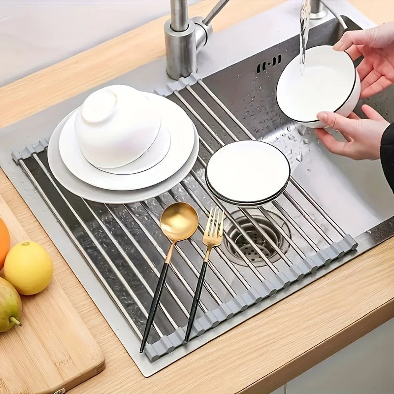 1pc Foldable Dish Drainer,Roll Up Dish Drying Rack ,Kitchen Sink Holder Organizer,Tableware Plate Storage Shelf