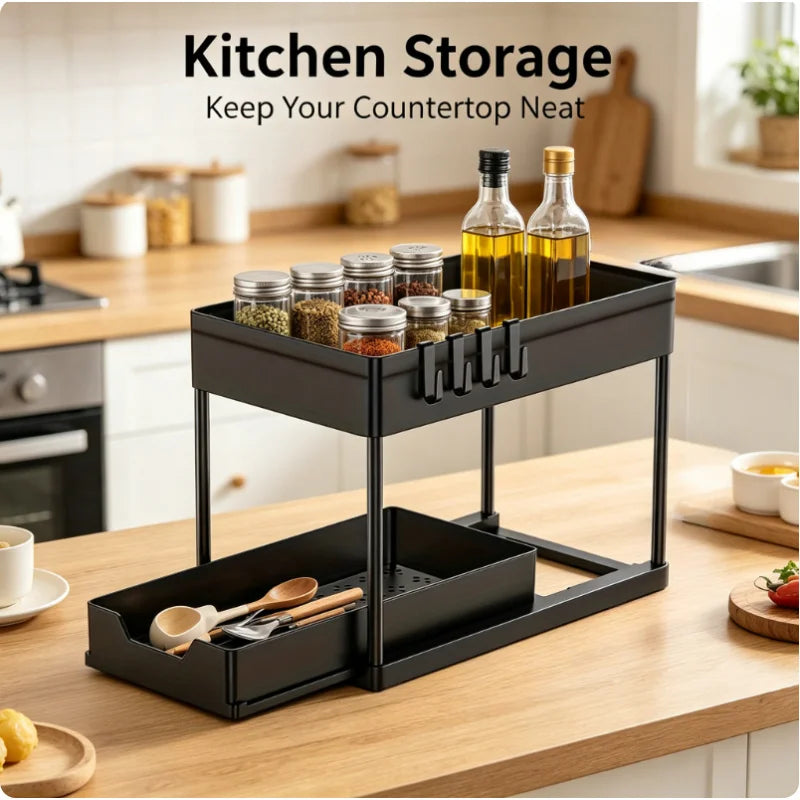 2 Tier Under Sink Organizer Sliding Cabinet Basket Organizer Storage Rack with Hooks Hanging Cup Bathroom Kitchen Organizer