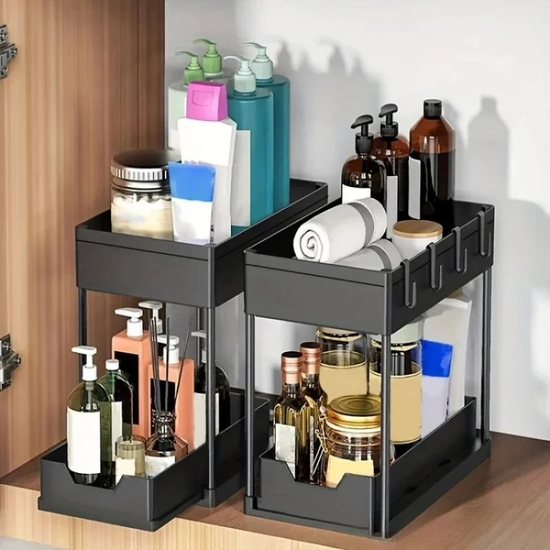2 Tier Under Sink Organizer Sliding Cabinet Basket Organizer Storage Rack with Hooks Hanging Cup Bathroom Kitchen Organizer