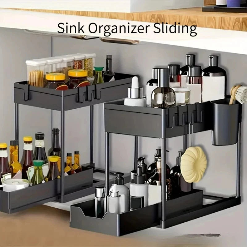 2 Tier Under Sink Organizer Sliding Cabinet Basket Organizer Storage Rack with Hooks Hanging Cup Bathroom Kitchen Organizer