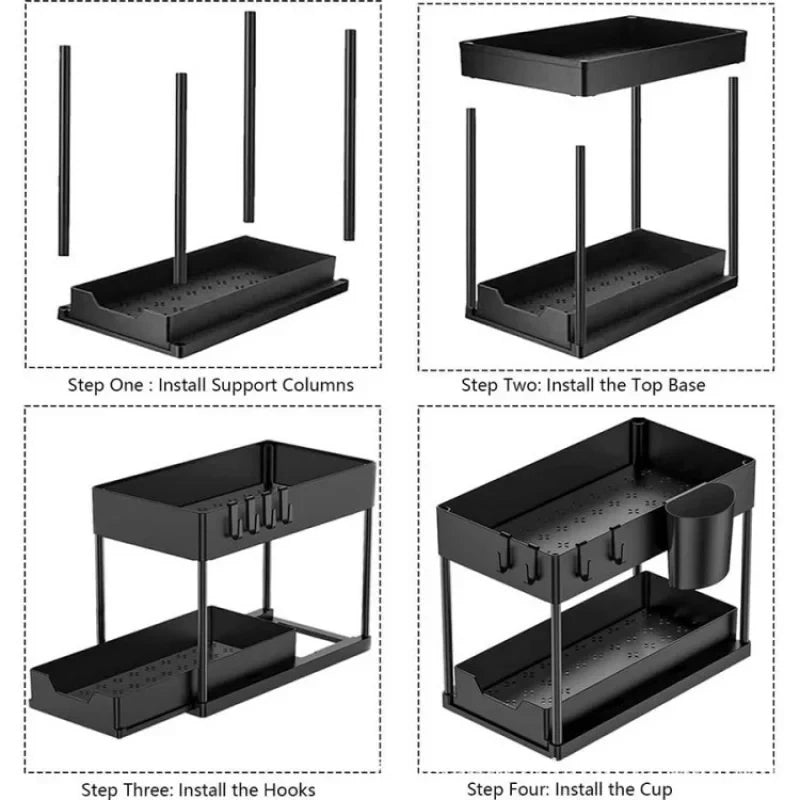 2 Tier Under Sink Organizer Sliding Cabinet Basket Organizer Storage Rack with Hooks Hanging Cup Bathroom Kitchen Organizer