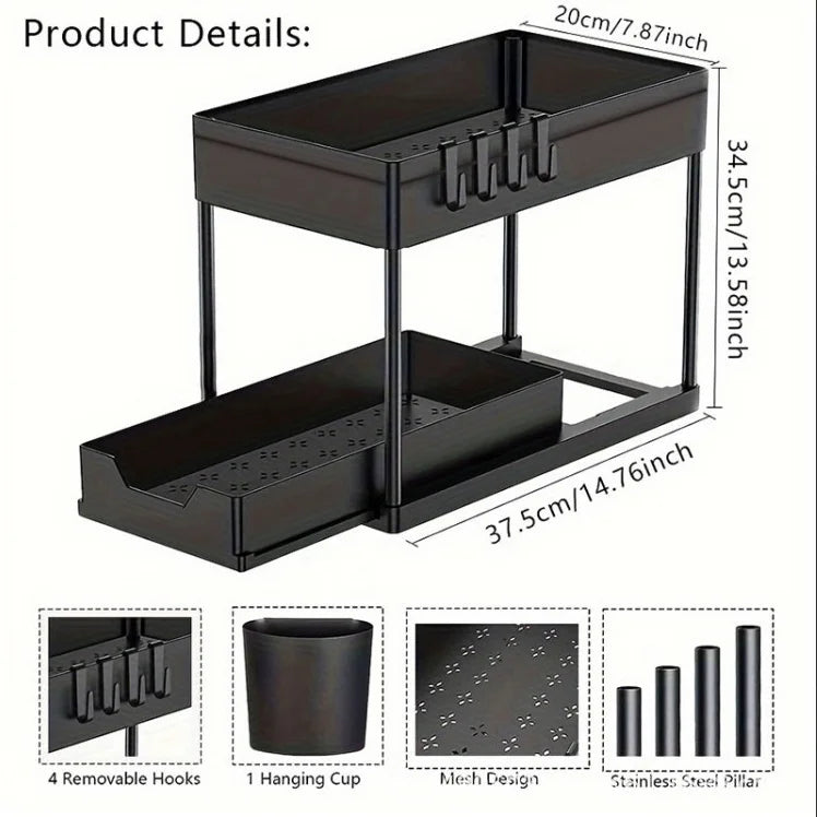 2 Tier Under Sink Organizer Sliding Cabinet Basket Organizer Storage Rack with Hooks Hanging Cup Bathroom Kitchen Organizer